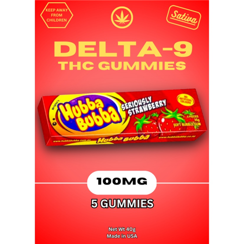 5pk Delta-9 THC Gummies- Hubba Bubba S/berry Green Leaf Premium